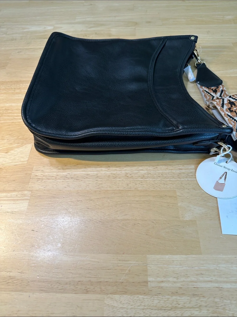 Metro Black Vegan Leather Crossbody with Patterned Strap